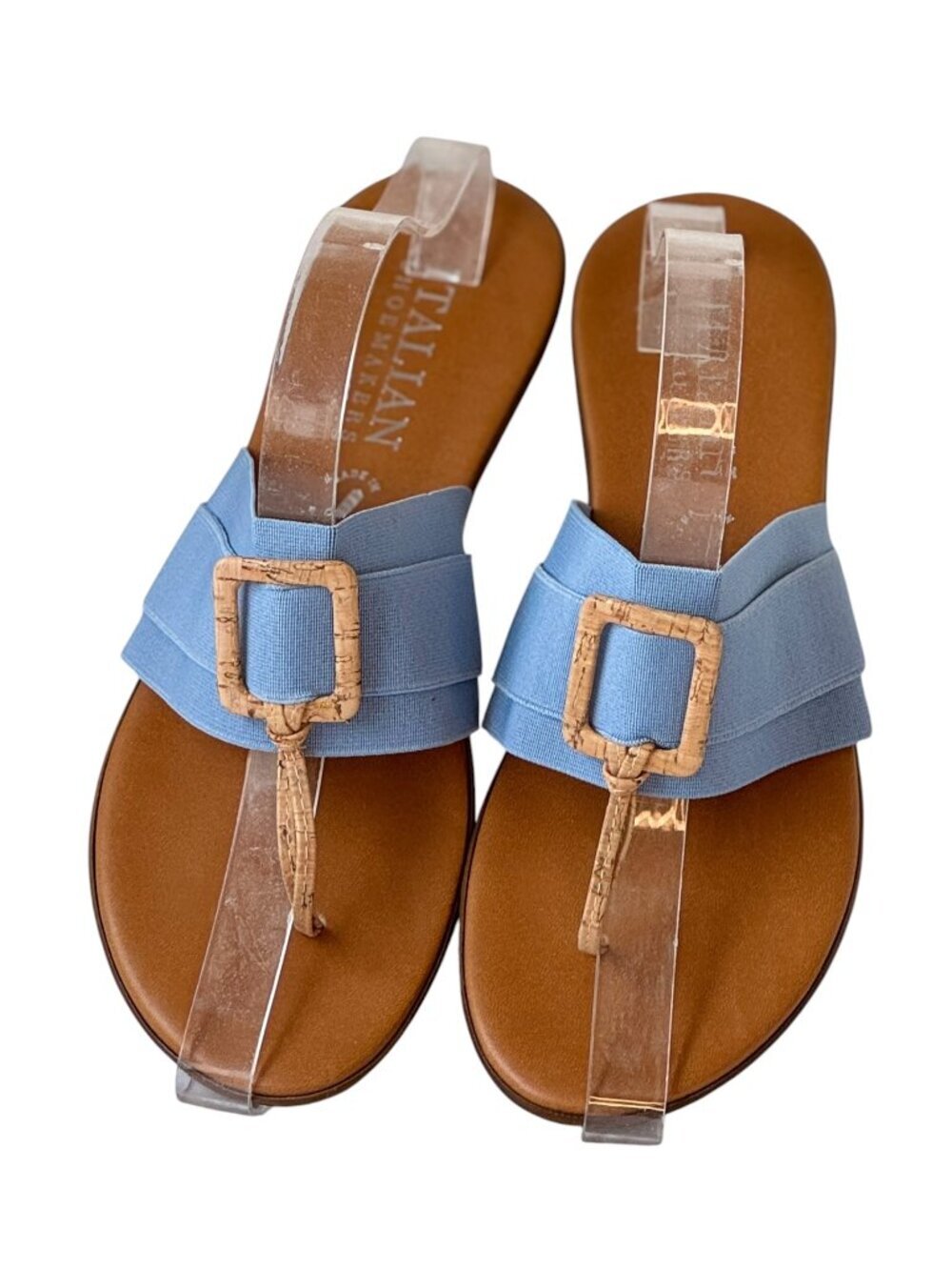 Italian Shoemakers Thong Toe Sandal with Wide Light Blue Elastic Strap Flat  10